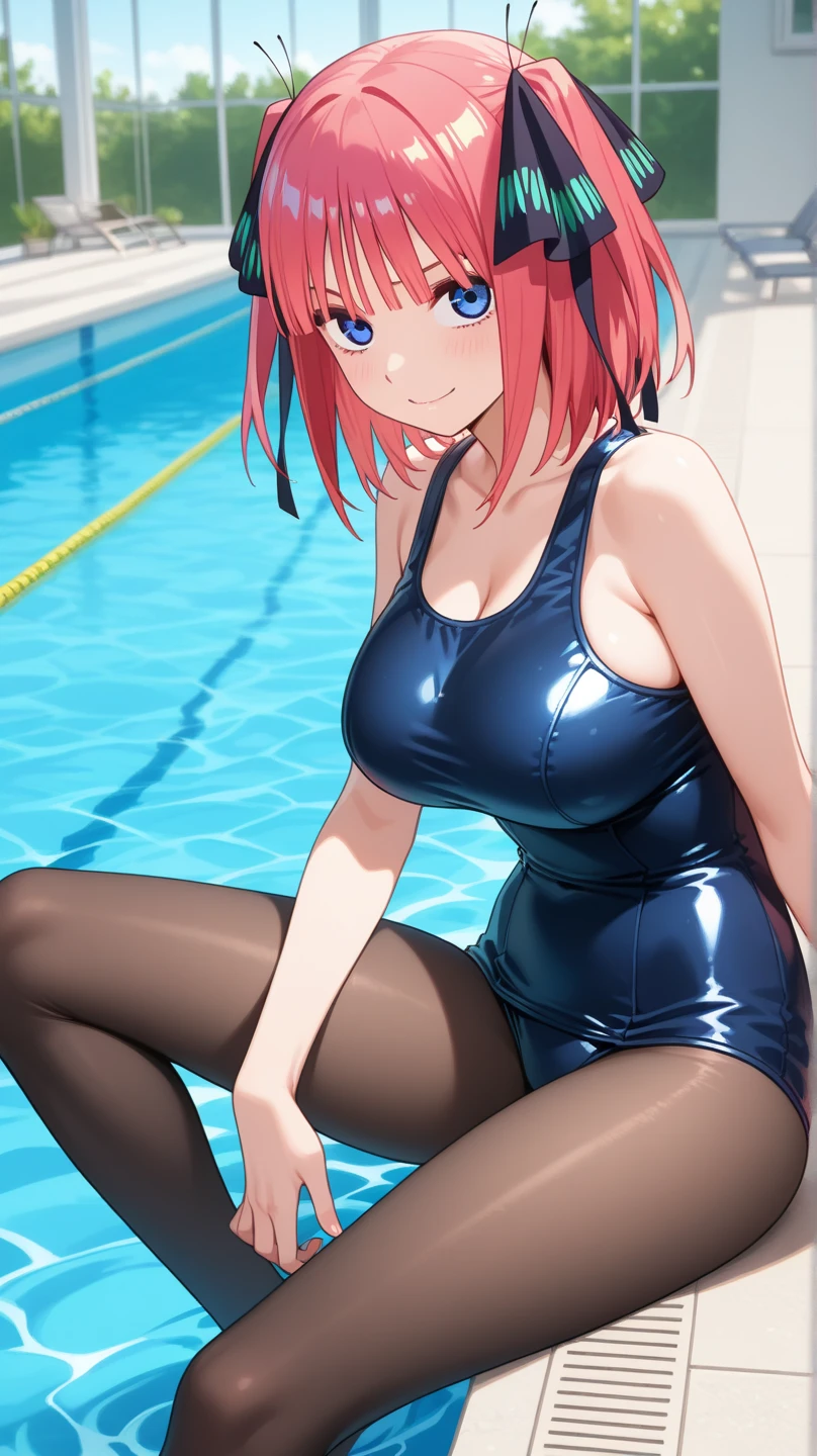 masterpiece, best quality, insanely detailed, beautiful, nino nakano, one-piece swimsuit, breasts, pantyhose, blush, smile, (outdoor swimming pool:1.3), legs spread