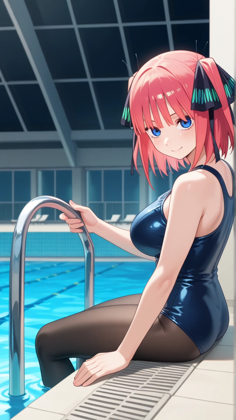 masterpiece, best quality, insanely detailed, beautiful, nino nakano, one-piece swimsuit, breasts, pantyhose, blush, smile, (outdoor swimming pool:1.3), legs spread