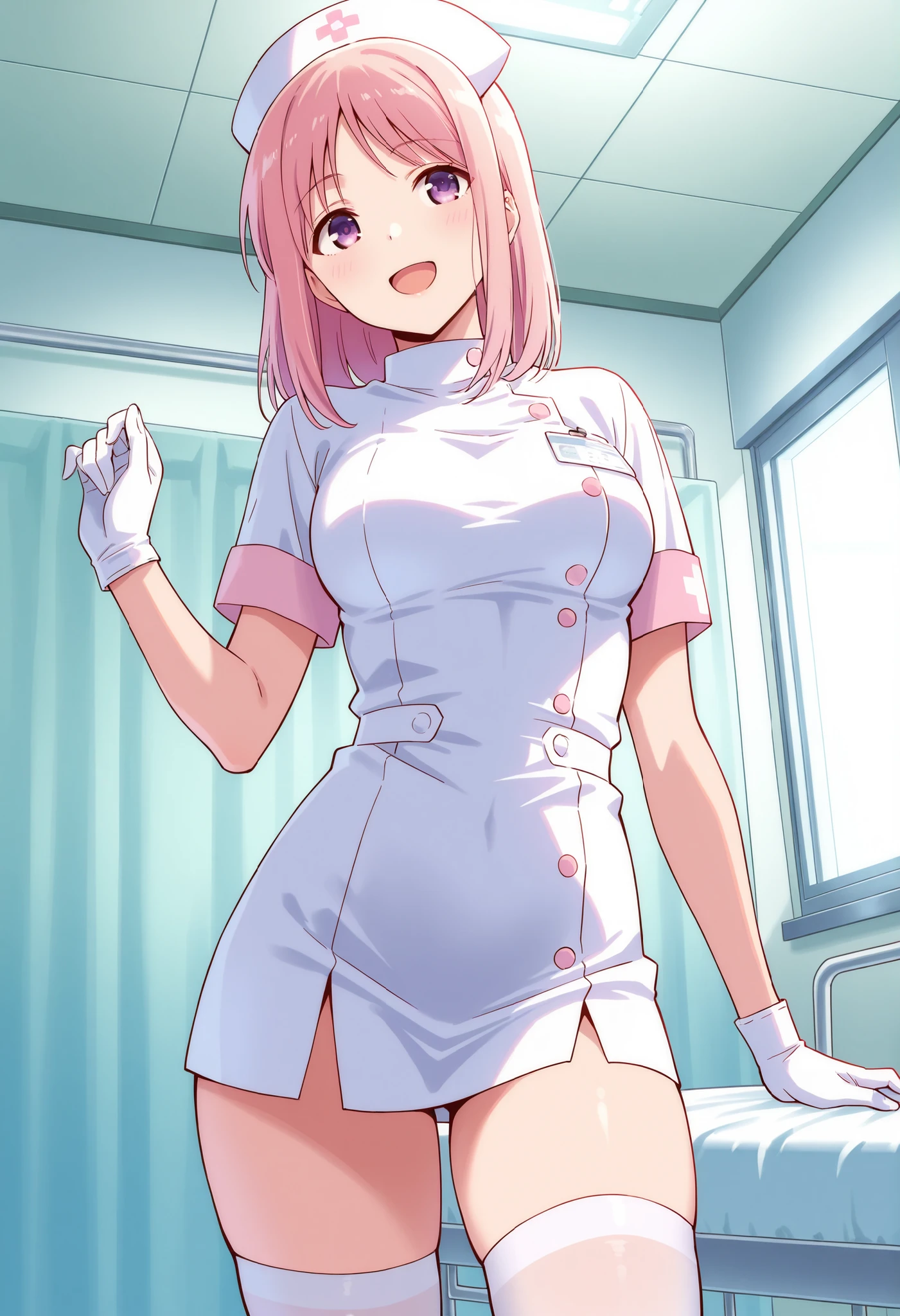 1girl, solo, nurse, white nurse cap, white nurse uniform, ((white legwear, zettai ryouiki)), white gloves, pink hair, green eyes, drooping eyes, smile, standing, ((hospital room)), sharp outline, short sleeves, best quality, masterpiece