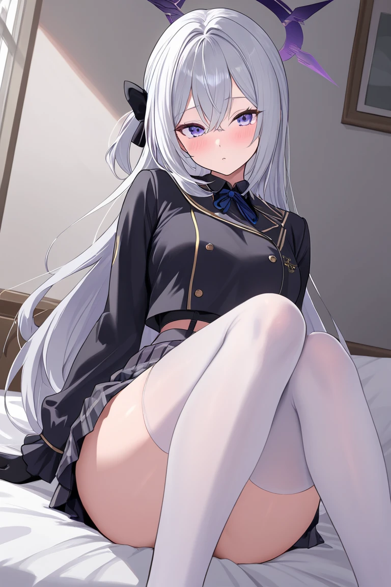 highest quality, masterpiece, High resolution, alone, 1 girl, ligt skirt, ((show panties)), striped panties, nsfw, amatsukazeKC,yellow eyes,long hair,hair tube, thighhighs, long sleeves, sailor collar, black dress, two side up, garter straps, striped thighhighs, sailor dress, mini hat,white gloves,single glove,see-through,