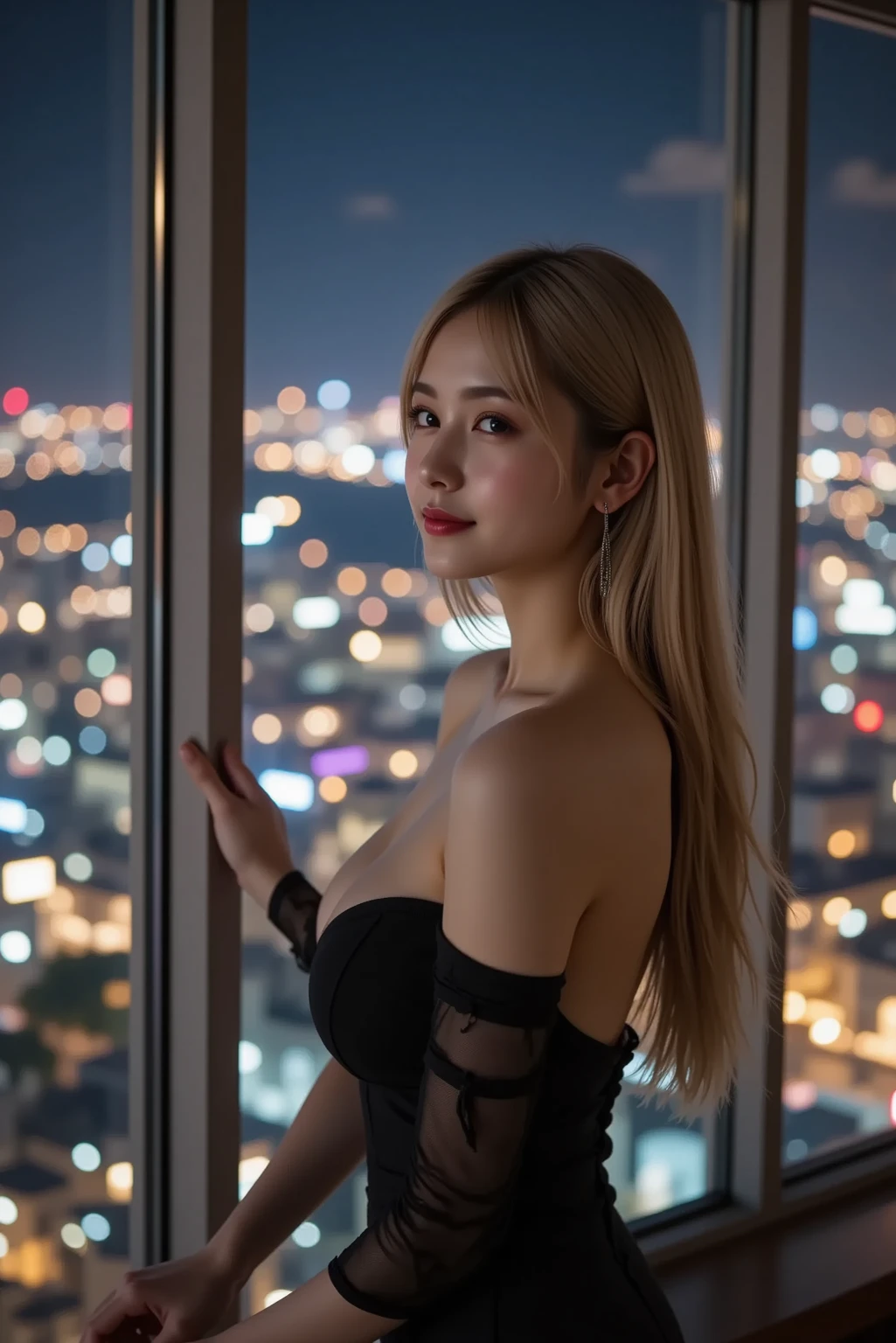 ((top-quality、8K分辨率、Master masterpiece、Portrait:1.3)), Photorealsitic, 35㎜ film,depth of fields, (From  above),女の子1人、beautifull detailed face、full body Esbian、Long body、blonde  hair、blue eyess、length hair、sweats streamed skin、Glamour,Seductive smile、naughty expression、Heavy breathing,Full body shot, looking at the spectator、Naked,(Sexy Shrebra_sexy panties),(Perfectly glazed_Super high-rise observation deck)、built, city nigth, Background of the cityscape spreading out below,Daytime