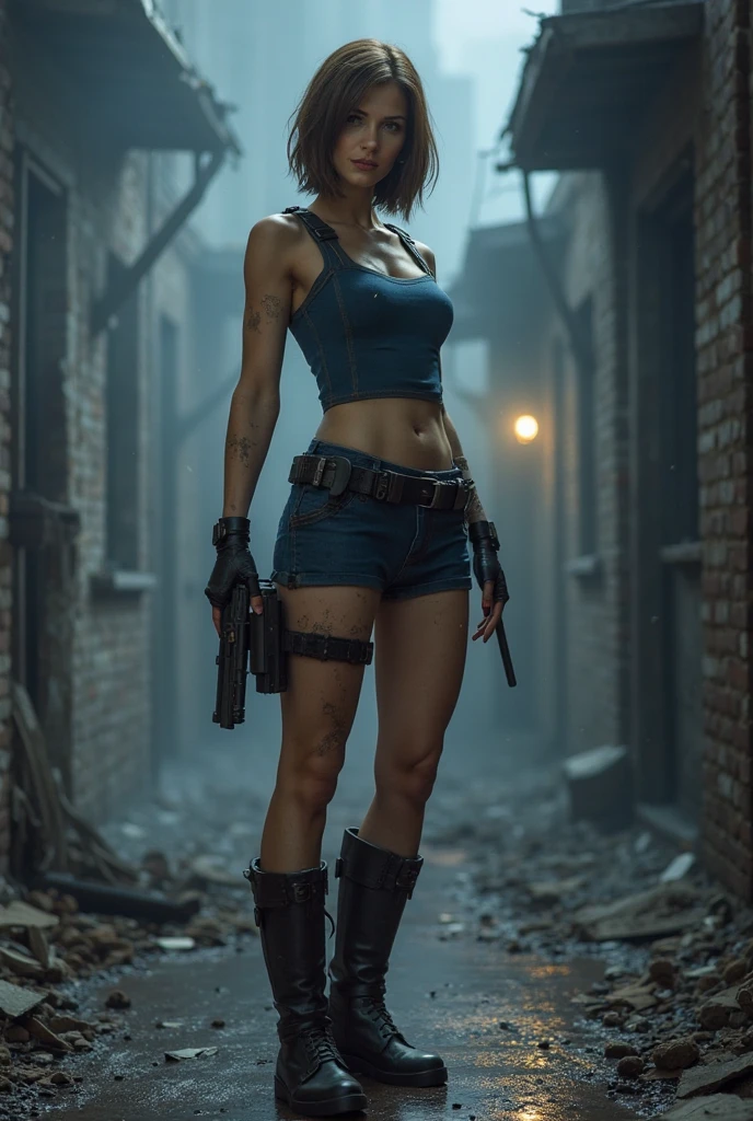 black hair, lone woman, pale skin, dirty skin, post-apocalypse setting, inside abandoned store, holding gun, aiming gun at viewer, full body image, very tattered clothing, small breasts, no jacket, tank top, (highly detailed, highly realistic)