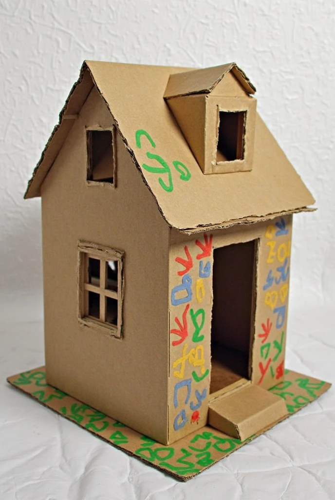 a 5 years old little boy holdinga miniaure house made of woods looking at the camera and smiling