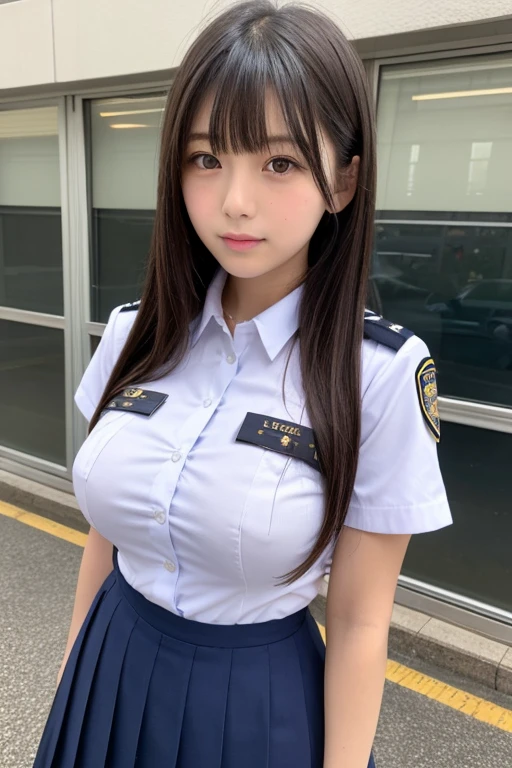 ((Highest quality)), ((masterpiece)), (detailed), Perfect Face, A 20-year-old girl who is as cute as an idol, A kind smile, very cute、Female police officer, Police uniform, Police short sleeve shirt, mini skirt、(Large Breasts:1.3), Cleavage, whole body, whole body像、City Sidewalk, Genuine stick, Genuine、