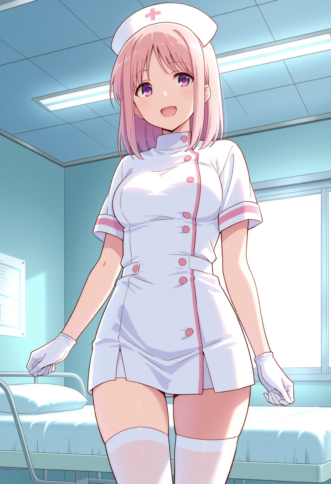 1girl, solo, nurse, white nurse cap, white nurse uniform, ((white legwear, zettai ryouiki)), white gloves, pink hair, green eyes, drooping eyes, smile, standing, ((hospital room)), sharp outline, short sleeves, best quality, masterpiece