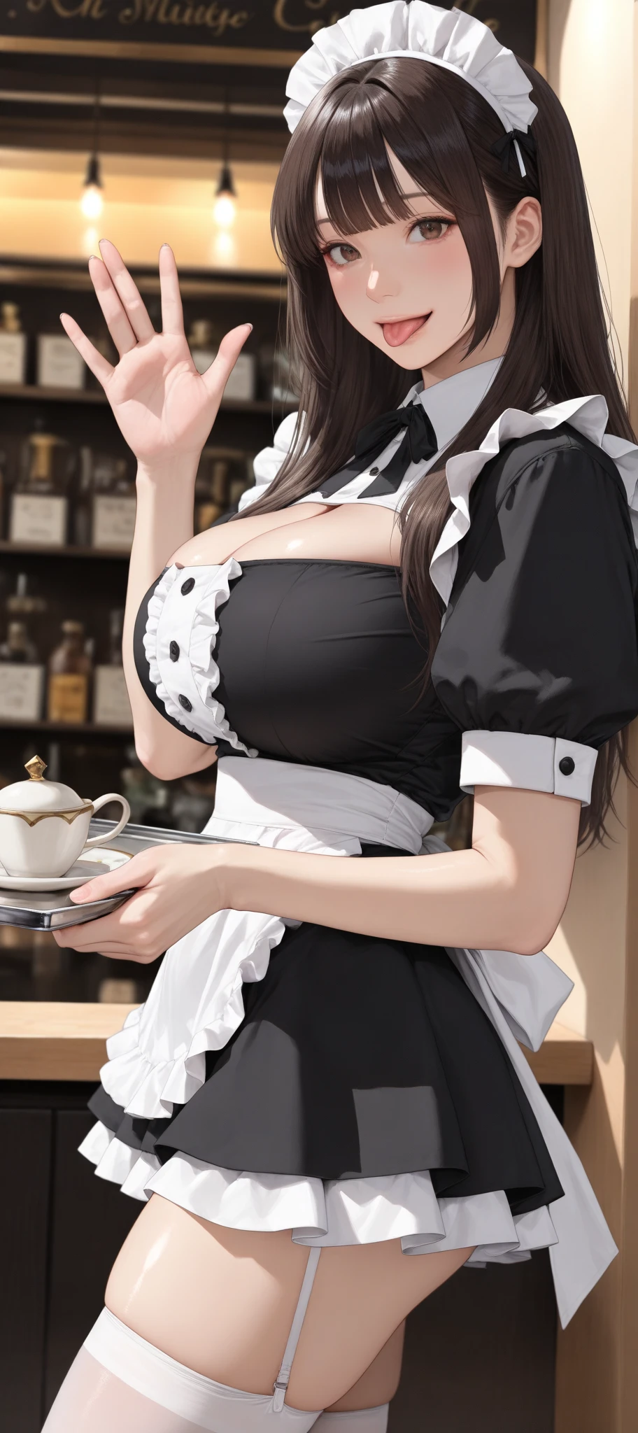 Meisterwerk, (realistisch), high-res, hochdetailliert, kompliziert, Beautiful women, rote Haare, blaue Augen, Sommersprossen, detailliertes Gesicht, maid outfit, looking at viewer, showing boobs, smile, big boobs, in Cafe, serving you, lehnen