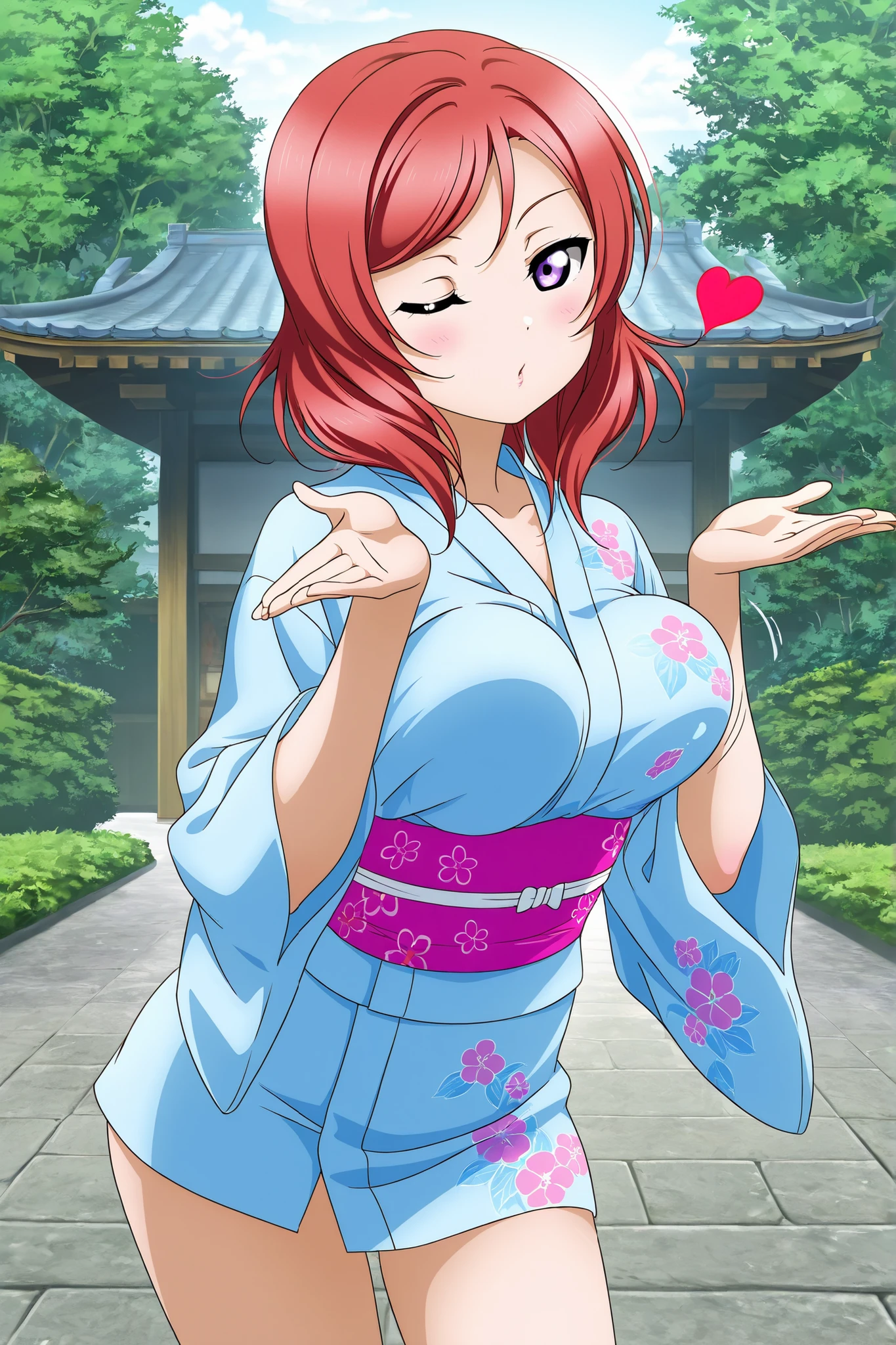 Masterpiece,best quality,pov, from above,Nishikino maki, Purple eyes,pink samurai clothes, gloves, earrings,sexy, Japanese room, wariza, sitting, cleavage, begging , hands on ground between legs,innocent eyes 