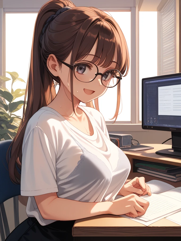 Anime/cartoon, mother and son work at home on a computer, mom watches her son reading with a lustful look, big breasts, embarrassed boy, (mom's hand touches the pants where the erection is located)