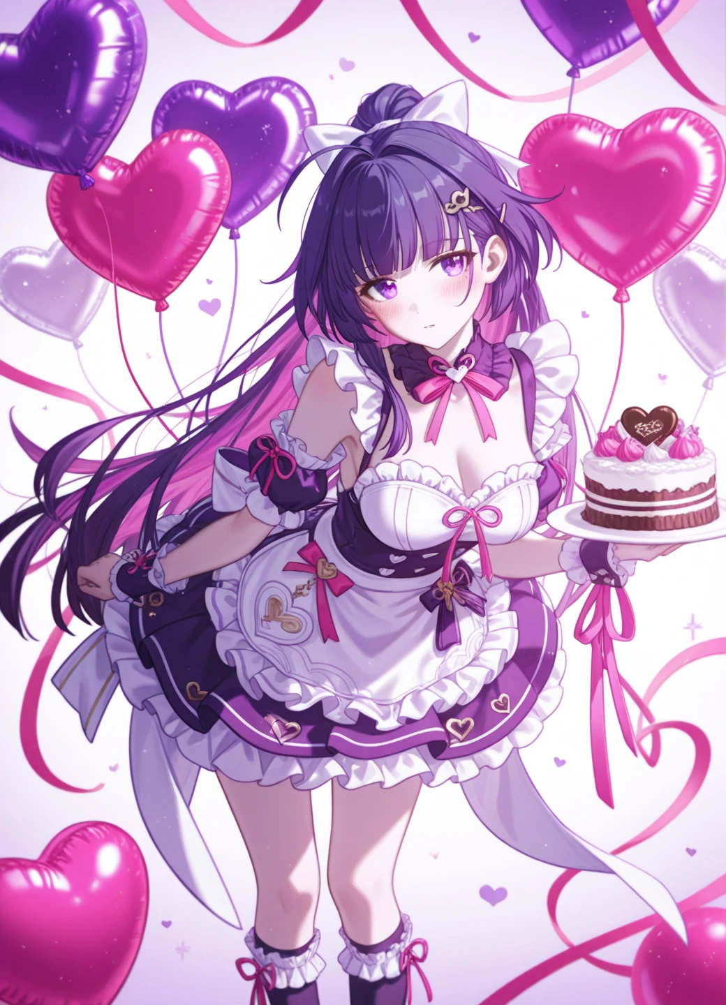 1girl, solo, pink hair clip, raiden mei, honkai impact, purple hair, ahoge, bare shoulders, frills, highponytail, long sleeks socks, white bow, maid caffe, head tilt, purple eyes, holiday season, purple theme,blush,leaning forward,heart shape balloon, holding plate of food,floating ribbon, pink sweet ribbon, skirt. dress. short sleeves,detached sleeves, frill sleeves, (konya karasue:1.22), umishima_senbon
