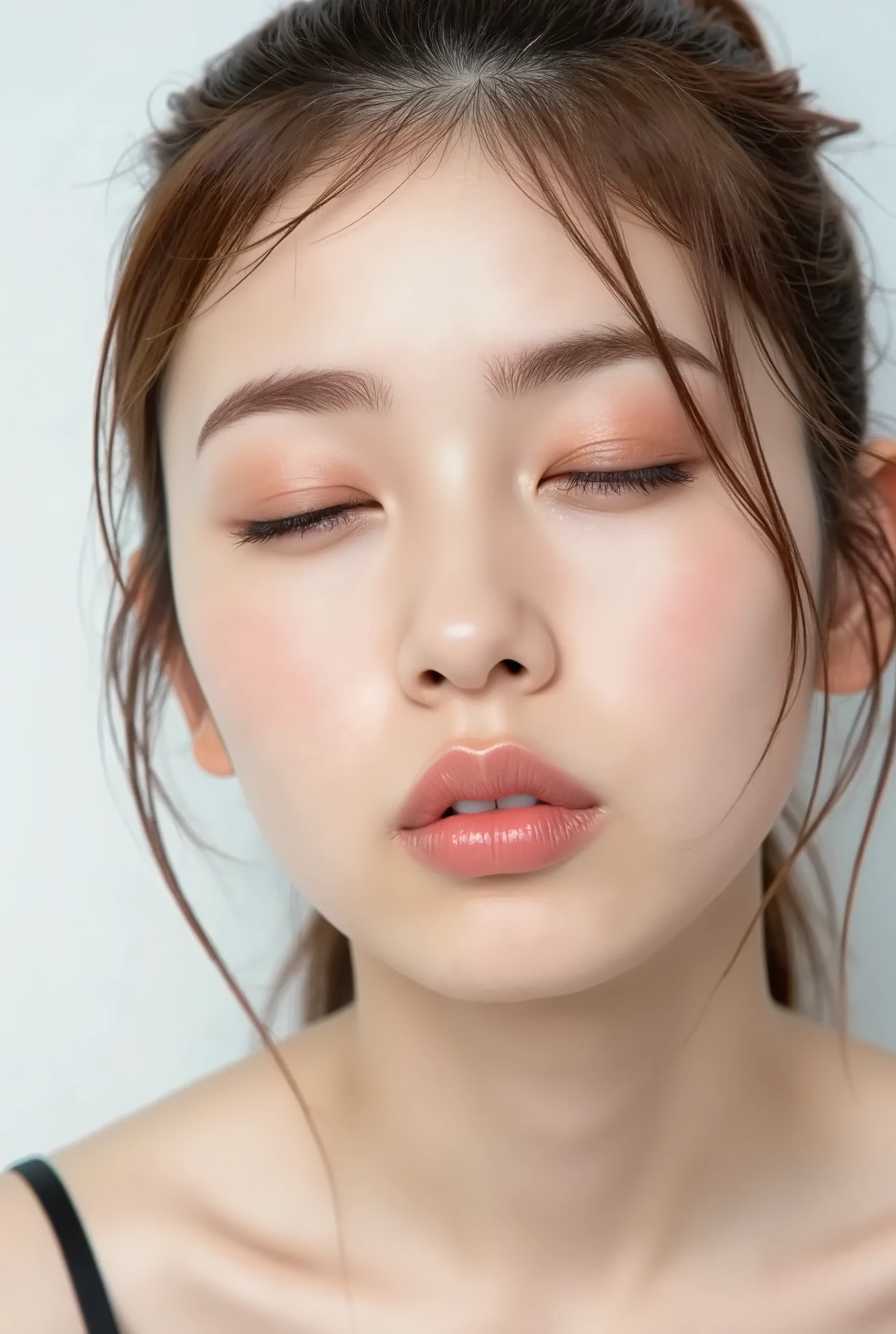 ultra-detailed close-up of a beautiful modern girl, collarbone-up composition, white studio background, soft natural lighting, soft focus on background,
camera angle slightly elevated (about 60 degrees), subject's chin gently raised, head and face facing forward, body posture suggesting slight tiptoeing,
eyes gently closed, dreamy and euphoric expression, cheeks and ears flushed with bashful blush, lips tightly puckered and strongly protruding,
mouth forming a rounded "O" shape like whistling or blowing a kiss, kissy lips, extremely glossy and moist lips with shimmering highlights,
natural-looking shiny lip gloss as the only makeup, skin is matte with visible peach fuzz and realistic pores,
subtle facial contour blur to guide viewer’s gaze toward lips, cute and soft dere-dere mood,
deeply affectionate smile while puckering, hands behind the back and not visible, black camisole straps slightly visible,
overall overflowing with affection, adorably seductive and shy charm, longing and dazed joy, subtly coquettish expression,
no vintage look, fully modern skin tone, hair texture and color corrected to current aesthetic standards