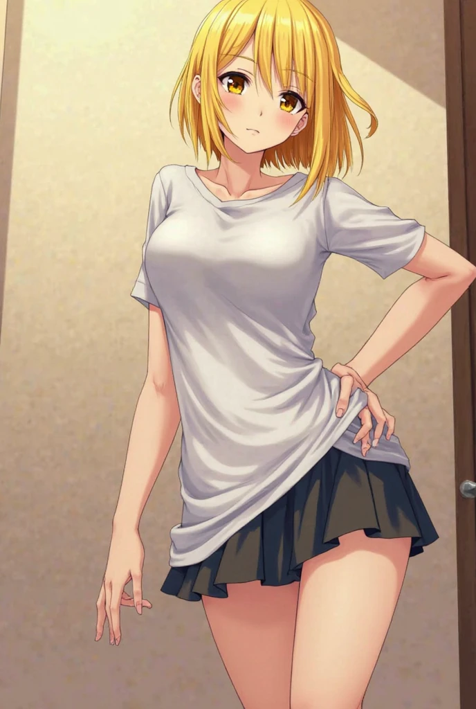masterpiece, best quality, highres, Sakurai Momoka, 1girl, solo, busty, flat breasts, blond hair, bob hair, sport bra, short skirt, looking at viewer, full body, standing, simple background, (erotic pose:1.4), blush, flustered, (panties exposed:1.3), ((arms behind head, double armpits, standing)), Half body, upper body, In the middle, symmetrical,