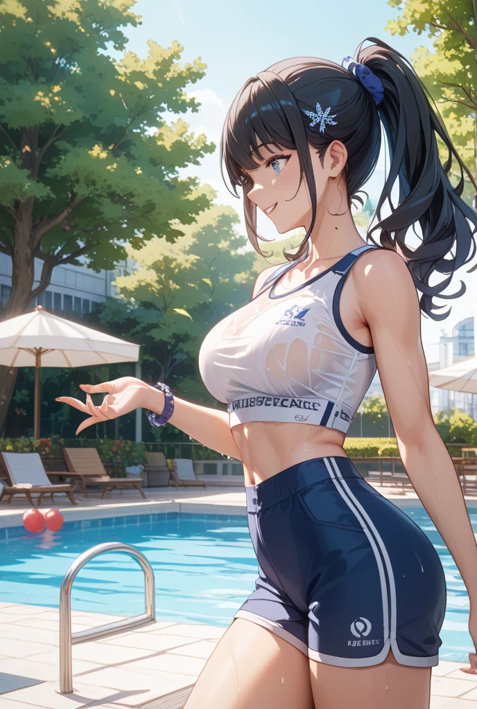 1womanl,Black hair,14years ,(()),Beautiful breasts,(((Sexy white and blue shiny gym clothes and micro skirt)))(())(((Blushing cheeks、Smile with open mouth)),(((Satin Narico))),((( portlate))),Crowds,Shiny white and blue gym clothes and microskirt,wet with sweat