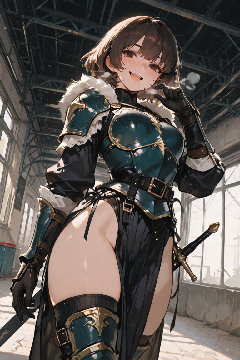 Military green translucent armor,Arm mecha,light blue short hair,Braided hairstyle,Large Breasts,Cleavage,Pistol hanging from waist,fighter pilot,fighter hangar,Sexy,Lipstick,miss,Golden Eyes,stockings,Short skirt,Smile