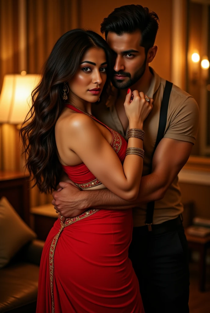 Create a realistic photograph of a smiling and beautiful indian actress in red satin carrying a large man on her shoulders in a room, man is sitting on top of her shoulders , man on top, woman at bottom
