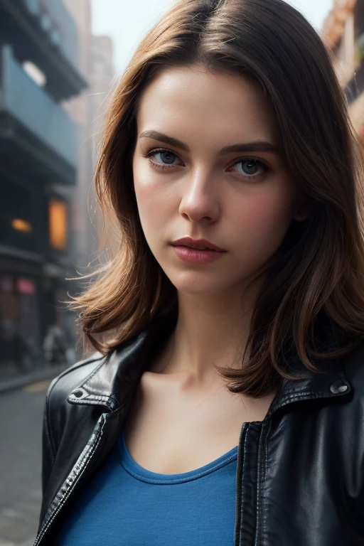 photo of Kristen Stewart, RAW, beautiful woman, ((Gothic portrait)), ((detailed face:1.2)), ((detailed facial feature, blood red lips, small breasts with cleavage, detailed skin, clear skin), (perfect proportioned body), (wearing a black open leather jacket) (high detailed city environment, apartment balcony), (realistic photo, best quality, detailed), (8k wallpaper), (cinematic lighting, dramatic lighting) (sharp focus, intricate), nipples, visible breasts