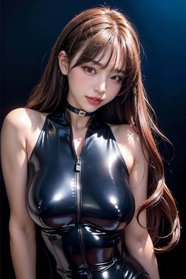 Latex bodysuit、Knee-high boots、Huge 、Long brown hair、Japanese Gravure Idol、Shiny, Oily skin、Glowing Skin、Indoor competition pool、White skin、The beauty of kimono, Body Portrait, 8k, Narrow and beautiful eyes, Dindal effect, masterpiece, 最high quality, high quality, High resolution, Very detailed photos, (Natural skin texture, Fine skin, Hyperrealism, Ultra Sharpness) , Skin with attention to detail, (Very fine, Fine skin texture, Intricate details, Beautiful Face, (Lifelike face), Realistic eyes, Beautiful and detailed eyes, Realistic Skin, Beautiful Skin, surreal, Very detailed, Golden Ratio, Smiling Eyes, ((Night moonlight background)), Body Portrait, , glamorous、 Shiny Bodysuit