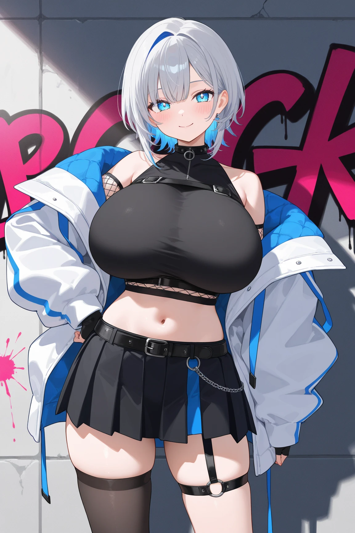 1个Giant Breast Girl, Alone, wolf women, Wolf ears, short eyebrows, beast ear, purple nails, white skinned, , (eye hair:1.1), eye socket, Pupils in pink color, silber hair, spiky, Short hair details, asymmetricalbangs, pigtails, (police officers:1.4), (:1.2), (Asus:1.2), (Hair fan), light blush, Open-top coat, you will be eaten, Side breasts, Camera, Webcast, Live broadcast,(cow boy shot:0.8 ), (expression), ((Data sheet)), (annotated:1.4), ((Clothing drawing)), ((((how to)))), (text:1.4), (glute:1.6)