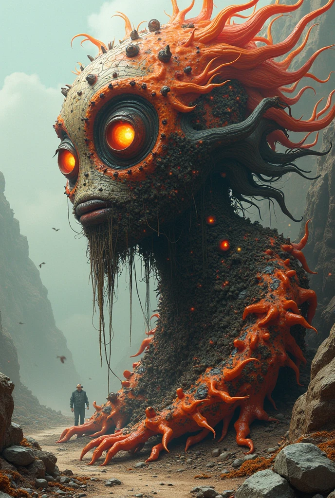 Top quality, masterpiece, oriental ancient background, creature with complex red mask, long hair, monster-like creature, body made of complex machinery, science fiction, detailed science, life science, wearing shabby traditional oriental clothes, detailed image texture, bizarre, horror, creepy atmosphere (not AI image), cloudy weather, foggy, low color image, eerie, creature hanging upside down, full screen image, images from various angles