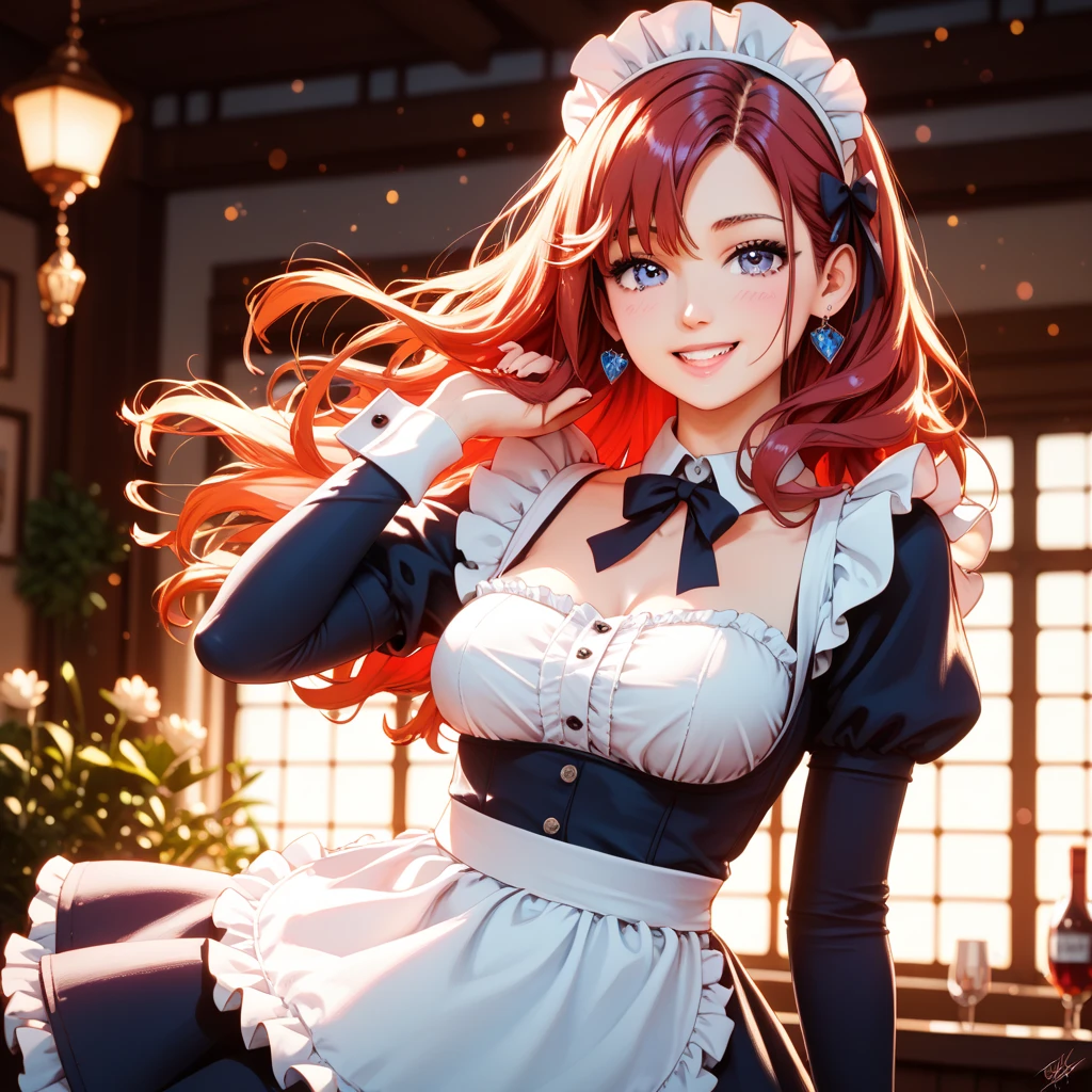 portrait, modelshoot style, looking at viewer, eye contact, sayafox, 1girl, woman, red hair, parted lips, medium breasts, cosplay hair, maid outfit, frills, maid cafe, crowd, blurred background, detailed eyes, warm volumetric lighting, masterpiece, best quality <lora:Saya_the_Fox_v1:1>