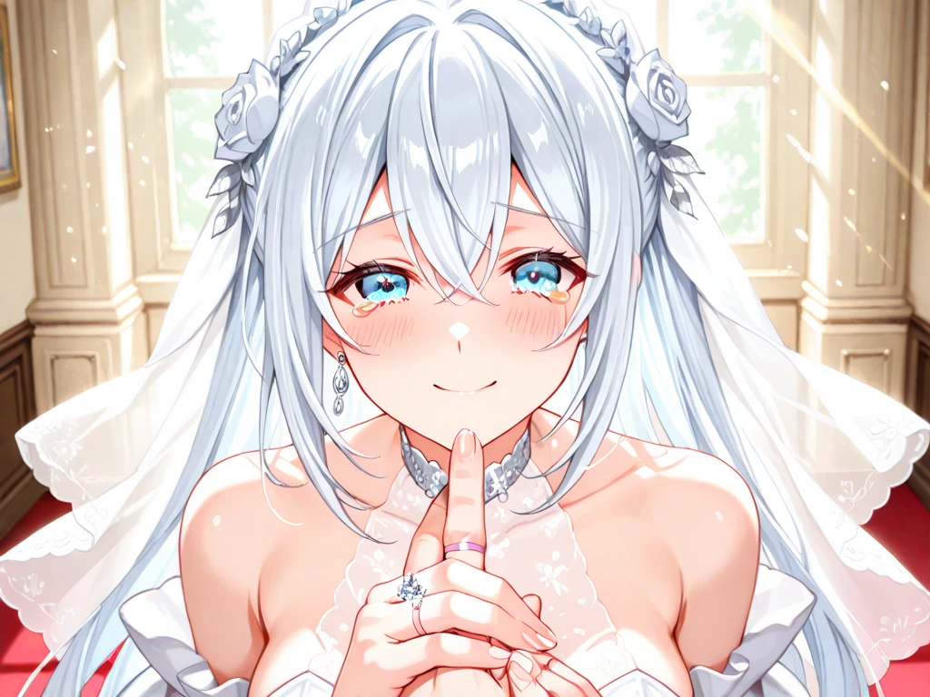 table High image quality better image quality 8K adult woman Whole body portrait pure white long gloves(elbow gloves) white tights Wedding Dress(top tube) white wolf ears, long hair((label)(gray hair)(Perm)(fluffy)) eye color blue Pretty face((laughter)(smile)(open your mouth)) They'you're standing положи руку на ,naked,t.legsd