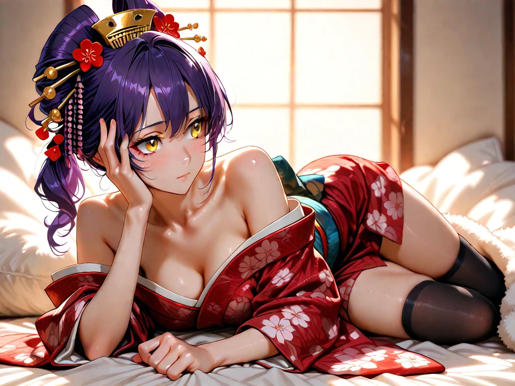 top-quality、masterpiece、UHD image quality、Ultimate Beauty、purple color hair、Japanese-style room at night、Tatami room、night sky with moon、Wear a kimono of color or pattern、Lying down、From above、Gesture to show off kimono、Beautiful face、Beautiful face and skin texture、Detailed eyes、Beautiful body、