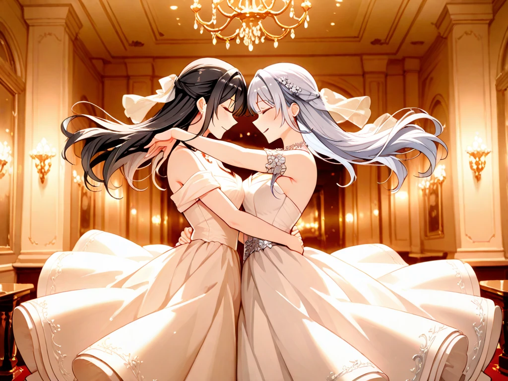 Body position: Standing, straight, symmetrical, barefoot, Lustful smile on face with red blush, 2 girls who gets married and stands in front of many people, kissing