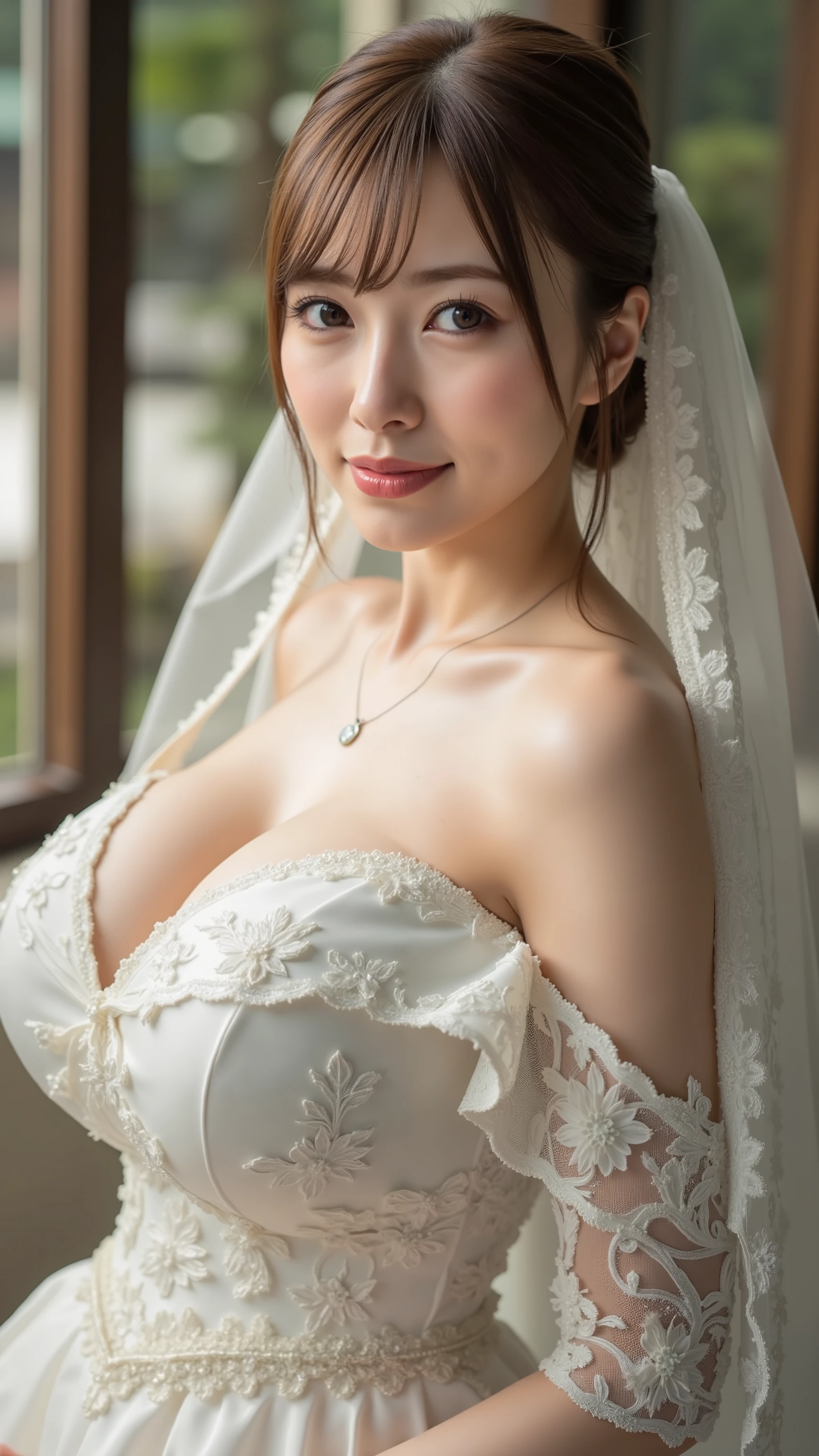 70-year-old woman,((to be able to see nipple)),Facial wrinkles、beauty、rauall gown, Sweet ta, Puff sleeves,Big Breasts