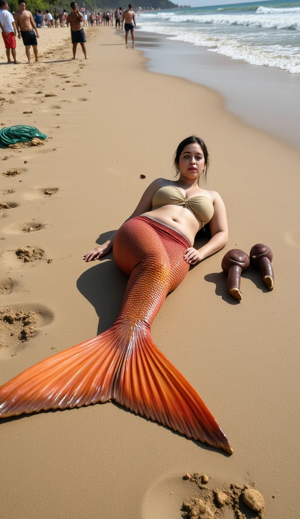 Gorgeous and sultry busty athletic (thin, long legs) brunette ((mermaid, laying on her stomach)) with sharp facial features and an athletic bun, naked. Detailed background, ocean, battleship, sea