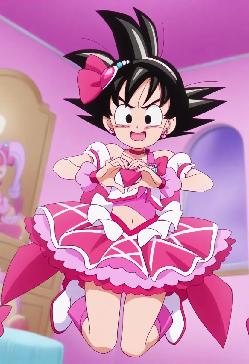 1girl,Cure Idol,precure style,precure design,dragonball,Wukong,solo,
masterpiece, Highest Quality, Newest, extremely high resolution, CG, Anime, source Anime, Illustration,cute face,girl's face,
dark haired,spike hair,short hair,son goku,Gender transformation, pink bow, Black Eyes, hair bow, jewelry,  heart hair ornament , earrings, filter, Magical Girl, with split sleeves, plaid skirt, Pink Choker, bare skin shoulders, 
 heart hand,lovely motion,heart effects,Heart-shaped aura,
Dutch angle, full body, blush,enjoy,smile,open mouth,with precure fairy,cute,cute room,girl's room,Pale pink room,room with stuffed animals
