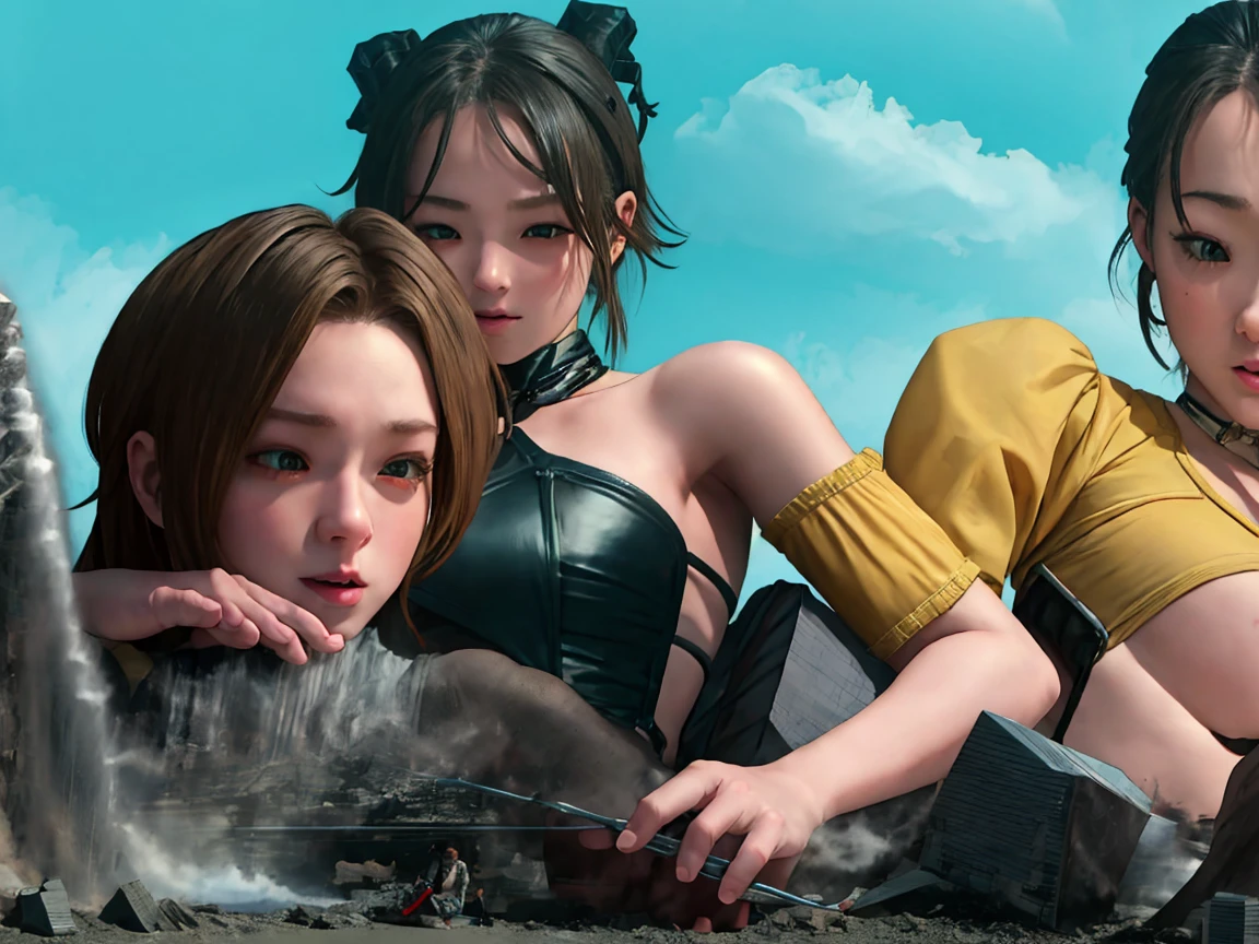 short black hair, with slightly messy bangs.  Dark, penetrating brown eyes.  Thin and marked build.  She wears torn black shorts, blue tennis shoes, and a pink navel blouse with straps. He has an axe in his right hand and a backpack on his back. Busty. 