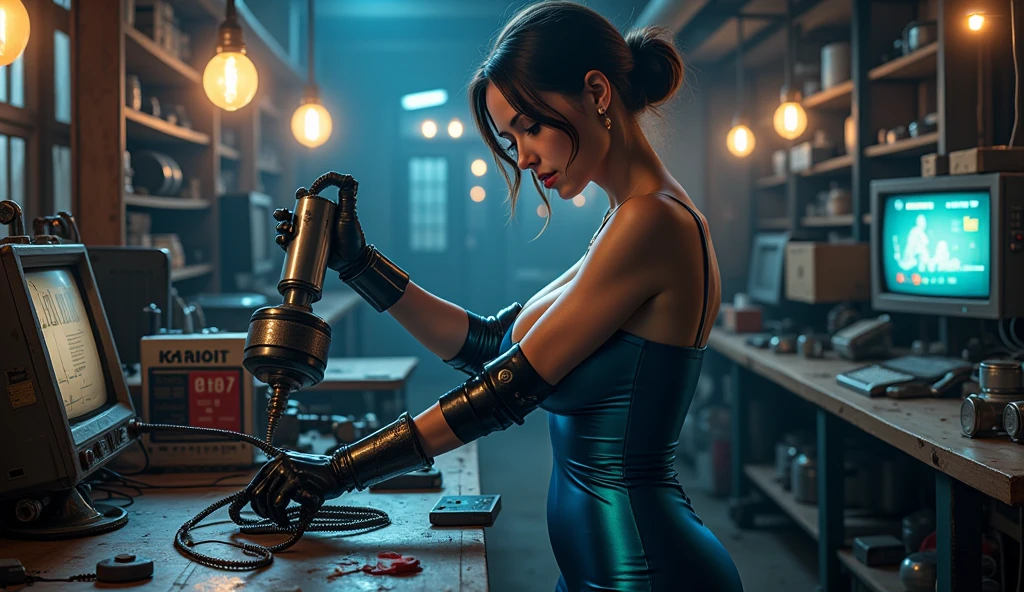 (best quality,4k,8k,highres,masterpiece:1.37),pixel art,(aerial view),(top down perspective),lora:more_details:1,(the focal point is one woman carefully pulling a video game cartridge out of a futuristic treasure chest full of retro video game cartridges:1.6), (the woman is looking down:1.5), (Futuristic treasure box), (The woman is looking inside the treasure box:1.6), (The scene unfolds inside a mystical cavern:1.4), mecha, (dynamic angle:1.4), (The woman has short red hair:1.6), (fantasy and sci-fi mixed:1.5), holographic glitch effects floats around the woman, vibrant colors, (A purple glow emanates from inside the treasure chest), glowing lights, (abandoned machinery), (there are old video game cartridges and consoles on the background), mystical creatures, pixelated details, (there are crystal formations spreading on the background), (futuristic technology), (ancient artifacts), mystical energy, vibrant retro aesthetic, atmospheric lighting, hidden passages, ancient ruins, mysterious symbols, shimmering water, lush vegetation, interdimensional portals, ethereal music, nostalgic atmosphere, immersive storytelling, epic adventure, delightful surprises.