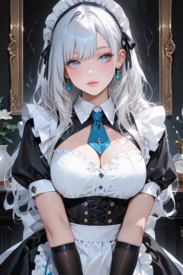 big breasts ((cat girl)) ((white hair)) wavy hair, medium hair ((high quality)) (((no ears))), extremely sexy body, maid costume, parted lips, passionate expression, professional lighting, choker, pose sexy, floor, wall