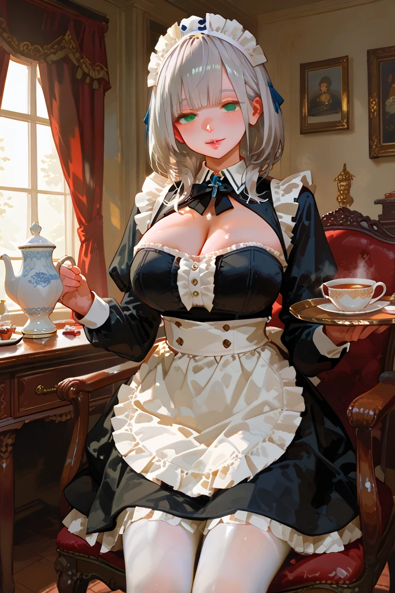 Meisterwerk, (realistisch), high-res, hochdetailliert, kompliziert, Beautiful women, rote Haare, blaue Augen, Sommersprossen, detailliertes Gesicht, maid outfit, looking at viewer, showing boobs, smile, big boobs, in Cafe, serving you, lehnen