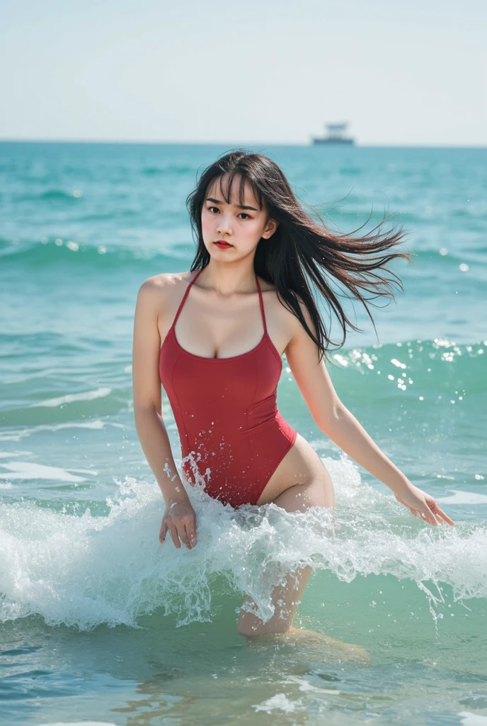 masterpiece、1 beautiful girl、detailed eye、highest quality, 超A high resolution, (reality: 1.4), Japanese、asian beauty、Korean、super beautiful、beautiful skin、thin、body turns forward、whole body、(超reality的な)、(High resolution)、(8K)、(very detailed)、(beautiful detailed eyes)、(Super detailed)、detailed face、bright lighting、professional lighting、looking at the viewer、serious expression、look straight ahead、long hair、black hair、sea landscape、Nogizaka Idol、korean idol、sexy pose、actress、25 years old、big breasts、big breasts、wet skin、Red latex suit、cleavage cutout、
