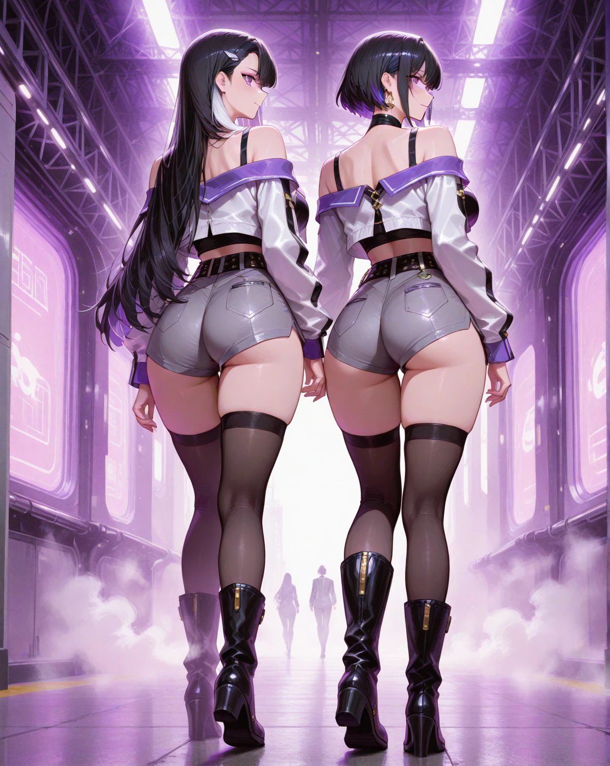 1990s, (masterpiece), high-definition, detailed face, cute girl, thick body, (big tits: 1.4) big hips, round ass, (black hair with dark purple highlights: 1.4), (tight grey t-shirt: 1.4), (black jacket: 1.4), (purple tight skirt: 1.3), belt, (black thong: 1.2), thigh high stockings, boots, fishnet, pin-up pose, balcony