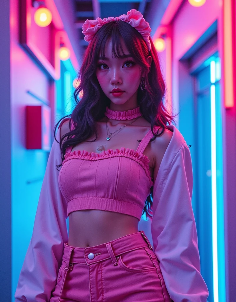 ((best quality,4k,highres,masterpiece:1.2)), 1 female, 1 ABG girl, , ((black hair)), big fake , small slim body, perfect shape, heavy makeup, party-lover, luxury goods enthusiast, ((intricate detail)), super finely detailed hands, ultra finely detailed fingers(((ten fingers))), wearing EDM rave costume - neon crop top, high-waist shorts, fishnet tights, platform sneakers, LED gloves, candy bracelets, fuzzy leg warmers, light-up headband, reflective sunglasses, body glitter, (standing casually), (full body showcase), (show full body), (no logos on background), (no logo), ((plain background)), ((plain background)), (((empty background)))