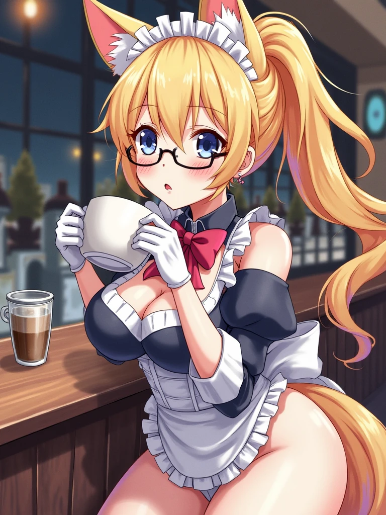 1girl, animal ears, bare shoulders, black leotard, braid, braided ponytail, breasts, choker, cleavage, collarbone, cup, drinking glass, fake animal ears, glasses, large breasts, leotard, long hair, looking at viewer, open mouth, playboy bunny, rabbit ears, rabbit tail, single braid, sitting, smile, solo, strapless, strapless leotard, thighhighs, wrist cuffs,  <lora:rizdraws_artstyle_v2:1>