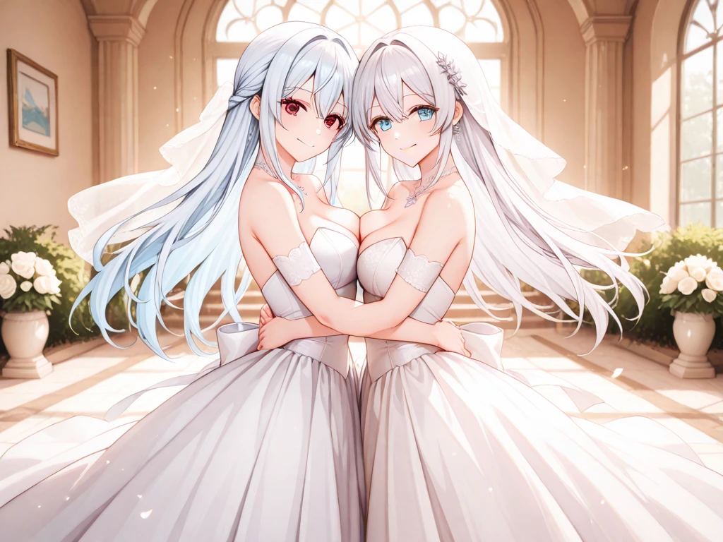 nafw,(2 girls),(duo),breast,absurdres,best quality,very aesthetic,absurdres,bra,(light silver White hair),太もも,(purple),(straight-on),(long hair),(gown),(bare breasts),(huge),(v-neck)