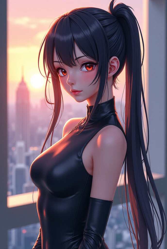 (8K, RAW photo, 最high quality, masterpiece:1.2), High-definition RAW color photo, Professional photo shoot, cinematic light, alone, (((young woman,beautiful black woman, ebony 1 female:1.2))), (Sharp features), (small face), (high detail skin:1.2), clavicle, cute face, beautiful appearance, long eyelashes, (rainbow hair), beautiful breasts, (slim body shape:1.4), very detailed顔と肌の質感, detailed eyes, double eyelid, look sideways, comb your hair with both hands, ((Deep ebony:1.9, black skin:1.2)), ((long bangs on one side, asymmetrical bangs, One eye hides)), slender body, ((open your mouth and smile:1.2, upward glance)), big breasts, normal hip joint, cowboy shot, composition from above, (((V-neck knit:1.2, Slender pants style))), Beautiful night view background, staring eyes, shiny skin, perfect fingers, five fingers, anatomically correct, background bokeh, high quality, surreal, bright colors, ((very detailed, photo shoot)),