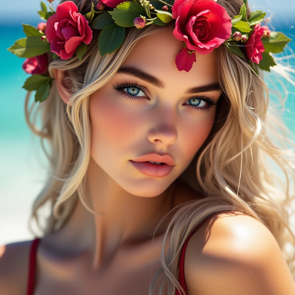 ((best quality)), ((ultra res)), ((photorealistic)), (intricate details), , blonde hair, perfect face, make up:1.5, light on face, face detail, bikini,round big chest  short hair,