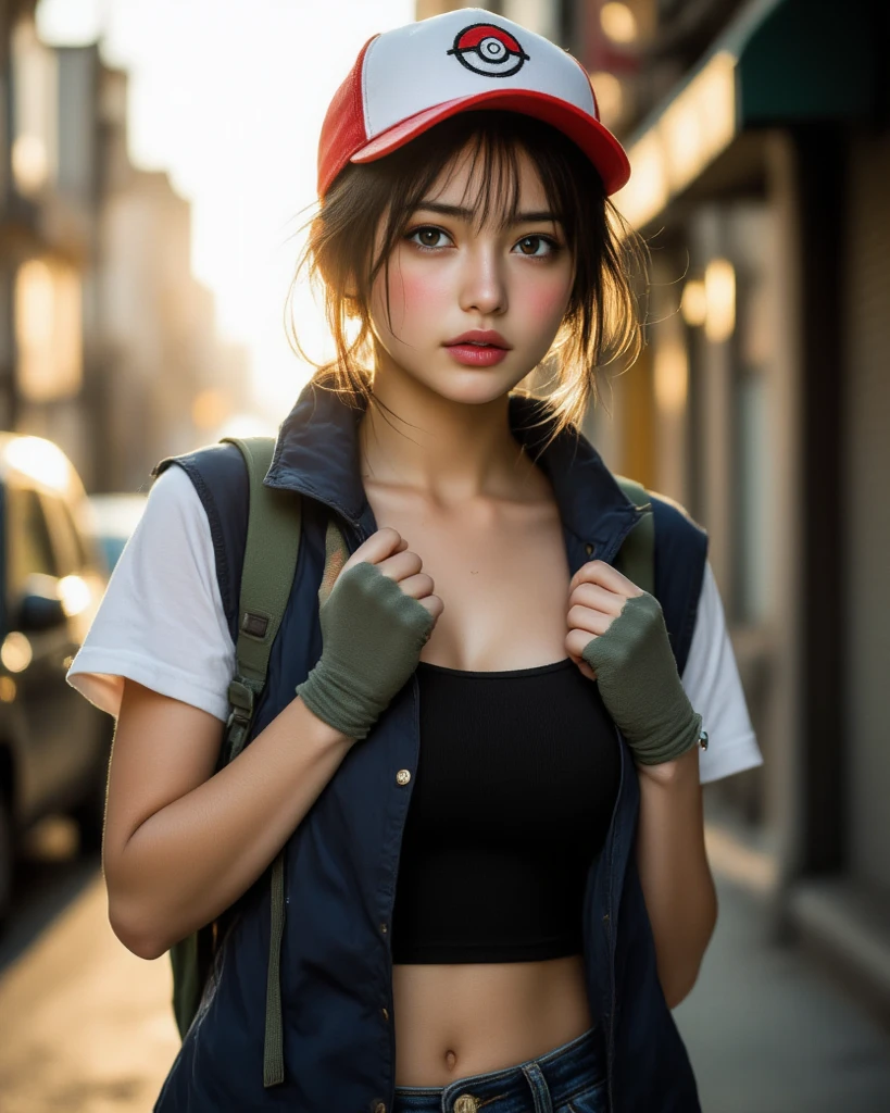 Female 1、Wild cute beautiful girl、20yr old、(Sporty fashion)、(muscular body type)、(Muscular legs)、Walking on the road、(((Hitchhiking across America)))、Beautiful face, eyes and skin with exquisite detail、fine black hair、(Sweaty glowing skin)、(cleavage of the breast)、Ponytail Baseball Cap、(Smile at the camera)、(skin tanned)、profetional lighting、BREAK、(realisitic、Photorealsitic:1.37)、8K、(((Take a break in a desert oasis)))、(((Hitchhiking in one backpack)))、(masterpiece)、(top-quality:1.4)、 (超A high resolution:1.2)、(Raw photography:1.2)、perfect anatomia、4 fingers and 1 thumb、Ultra detailed backgrounds、(Wallpapers by Unity 8K)