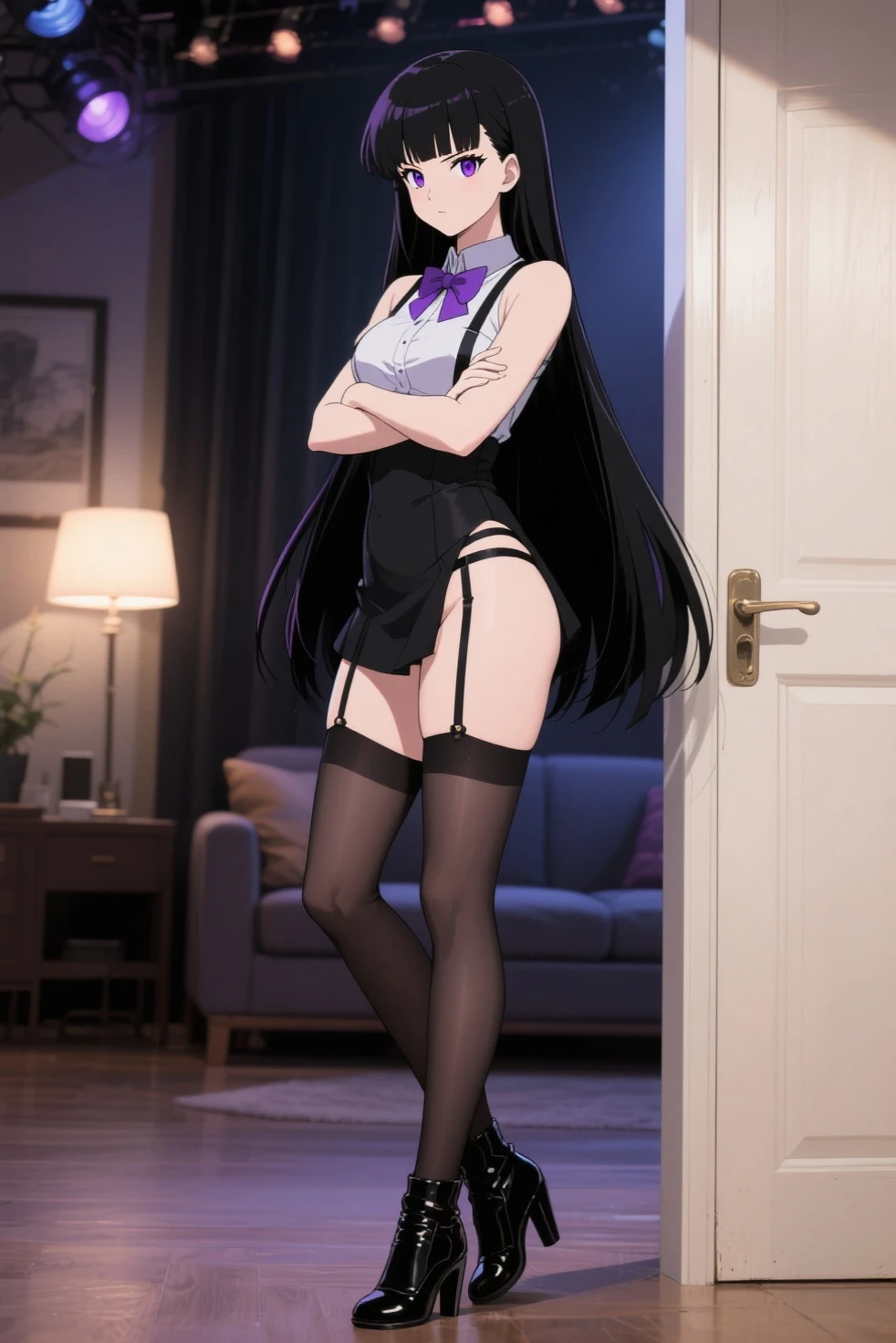 4K,teens girl,cute face,Long black hair,Black eyes,ssmile,mediuml breasts,offcial dress,Simple hair accessories,Lace gloves,White suspender stockings,Pink high heels,full bodyesbian,in the castle,hands behind body,The edges are illuminated