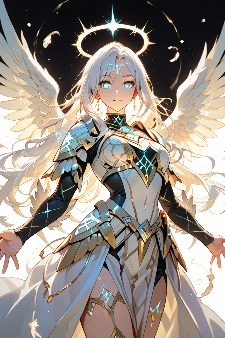 (masterpiece:1.5), (ultra-detailed), (High resolution), (best quality), (dynamic angle), (cowboy shot), (depth of field), 
(android girl),no human, fine detailed face,silver hair, (extreme long hair), floating hair, bangs, serious face, (gold eyes), (mechanical detailed iris in eyes), (holographic detailed pupils), headset, (robot joint:1.2), (robot hip-joint), (gloss white bodysuits:1.4), (silver and gold trim), frontlight, backlight, (medium bast),slender,
(spread arms), (science fiction), (glowing mechanics wings:1.5), (three pairs of wings:1.4), (space battle), (star-dust), shooting-star, 