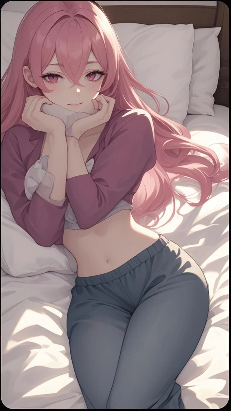 white panties,dual horsetail,sit on a bed,denimpants with pinksweater,Bare legged,The lower body is naked,with fair skin,is shy,Raised sexy,Fuller