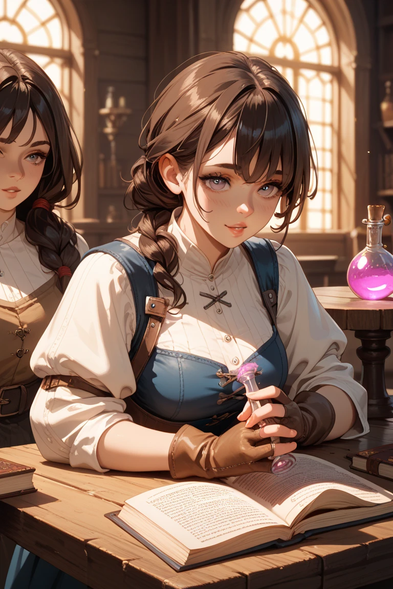 beautiful ginger women in detailed dress at cozy detailed potions shop, air above hair, IPA award wining, masterpiece, best lighting, best shadows, best reflections,