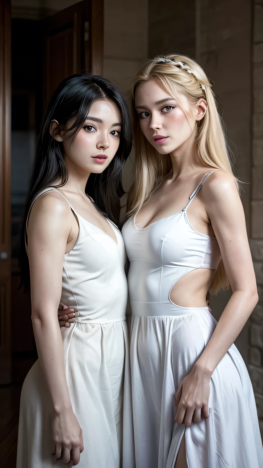 Draw blonde-haired Asian woman wearing a white dress, this woman is wearing a red dress. And he&#39;s lying on the ground, He has a bullet wound in his chest. 