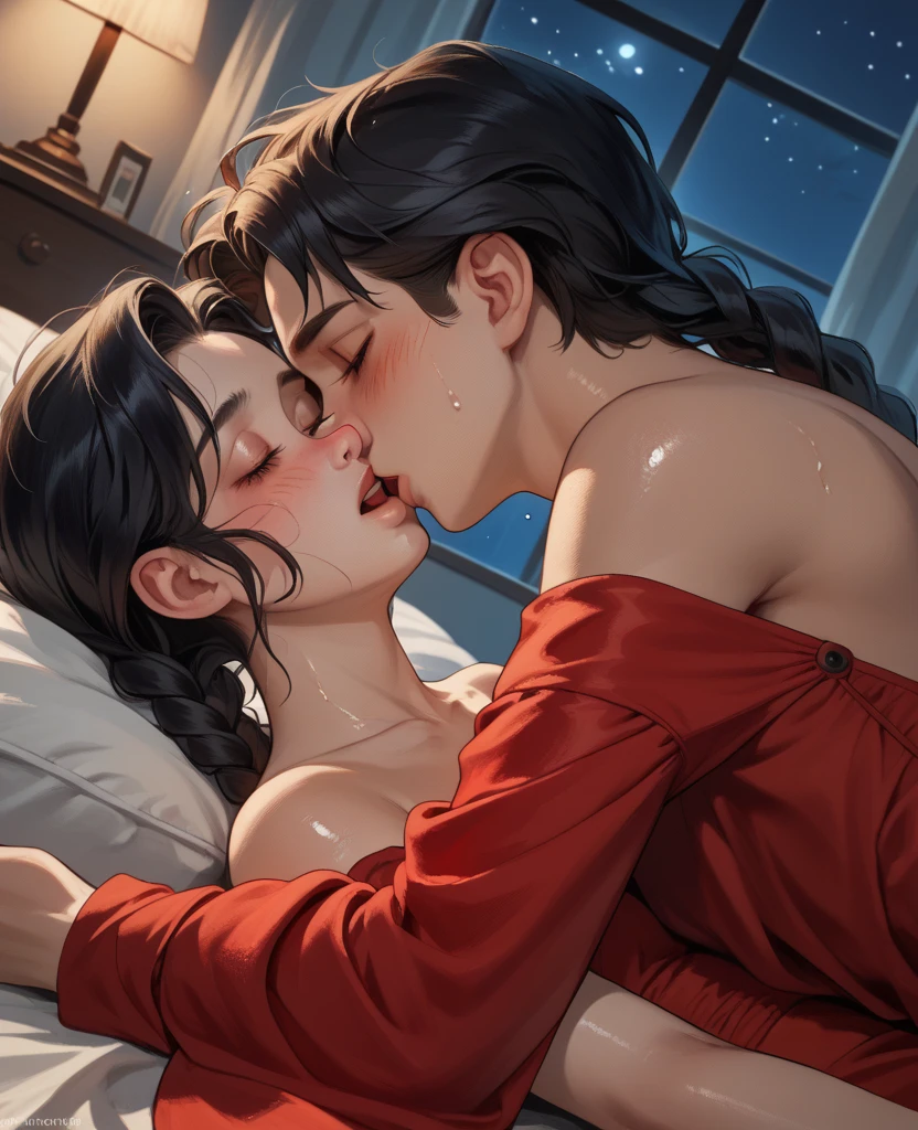 score_9, score_8_up, score_7_up, source_anime, 1boy, 1girl, mature female, nusw, mother and son, ???, hug, kissing, date night, romantic, in the living room lying on the couch , erotic, wet spot on panties, naked