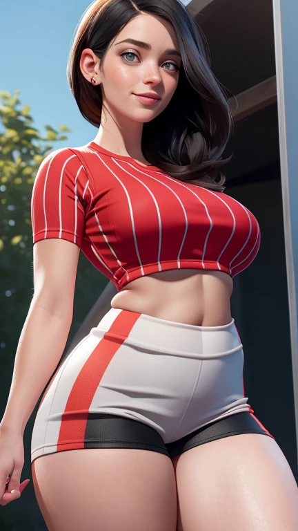 8k,Best Quality, ultra detailed, photorealistic: 1.39, bright and vibrant colors, studio lighting, romantic expression, short blonde hair,  busty, neckline, wearing cheerleader uniform, red and black pencil miniskirt, red top, Red color, with red and white pompoms, Thighs, black thong, shiny skin, with sweat all over the body, wet clothes, (to throw, shooting they seek), smiling, street background, medium breasts, in a football stadium.