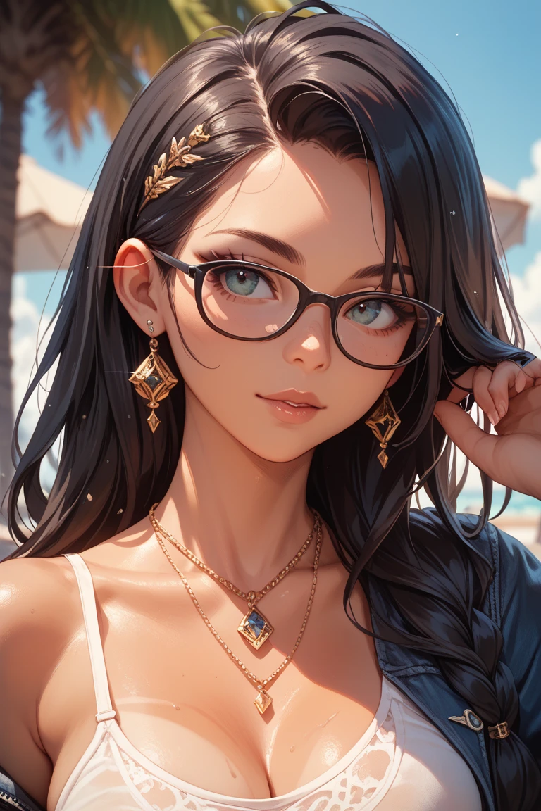 wlop, (Style-Glass:1.1), Style-Moana, mana, (Style-Hamunaptra:1),art by Mandy Jurgens and (Alex Grey:1.1) and (Brandon Woelfel:1.1) and (Leonid Afremov:1) and Josephine Wall, masterpiece, portrait, stunningly beautiful 1girl, (cute:1.1), beautiful feminine face, medium breasts, cleavage, round glasses, nerdy, wavy brown hair, (aroused:1.2), horny, blushing, sharp focus, psychedelic