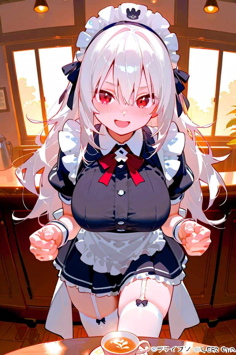 one girl, cat ears, white hair, naive, aphrodisiac, maid, red eyes, blush, erotic hypnosis, standing, face focus, shy, bow, heart eyes, 13 years old, girl love me, skirt lift, medium breasts, pantie